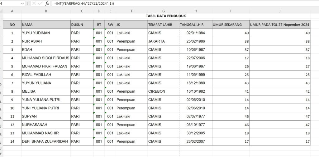 Menghitung umur saat ini dan umur pada tanggal tertentu di Microsoft Excel 3