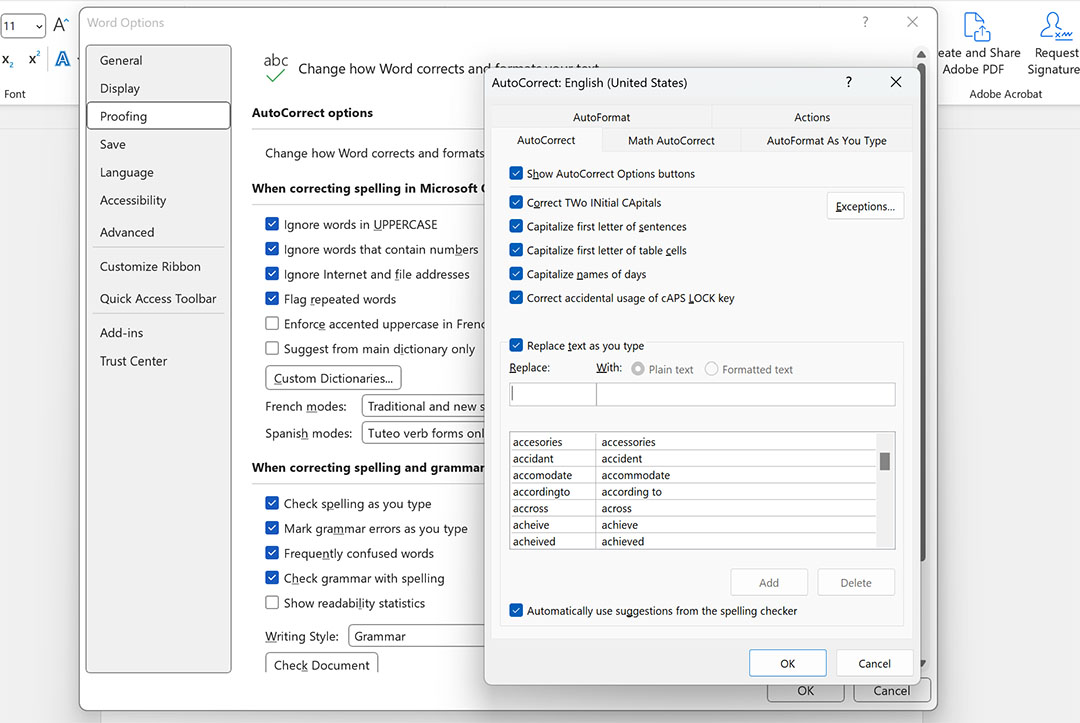 AutoCorrectOptions MS Word