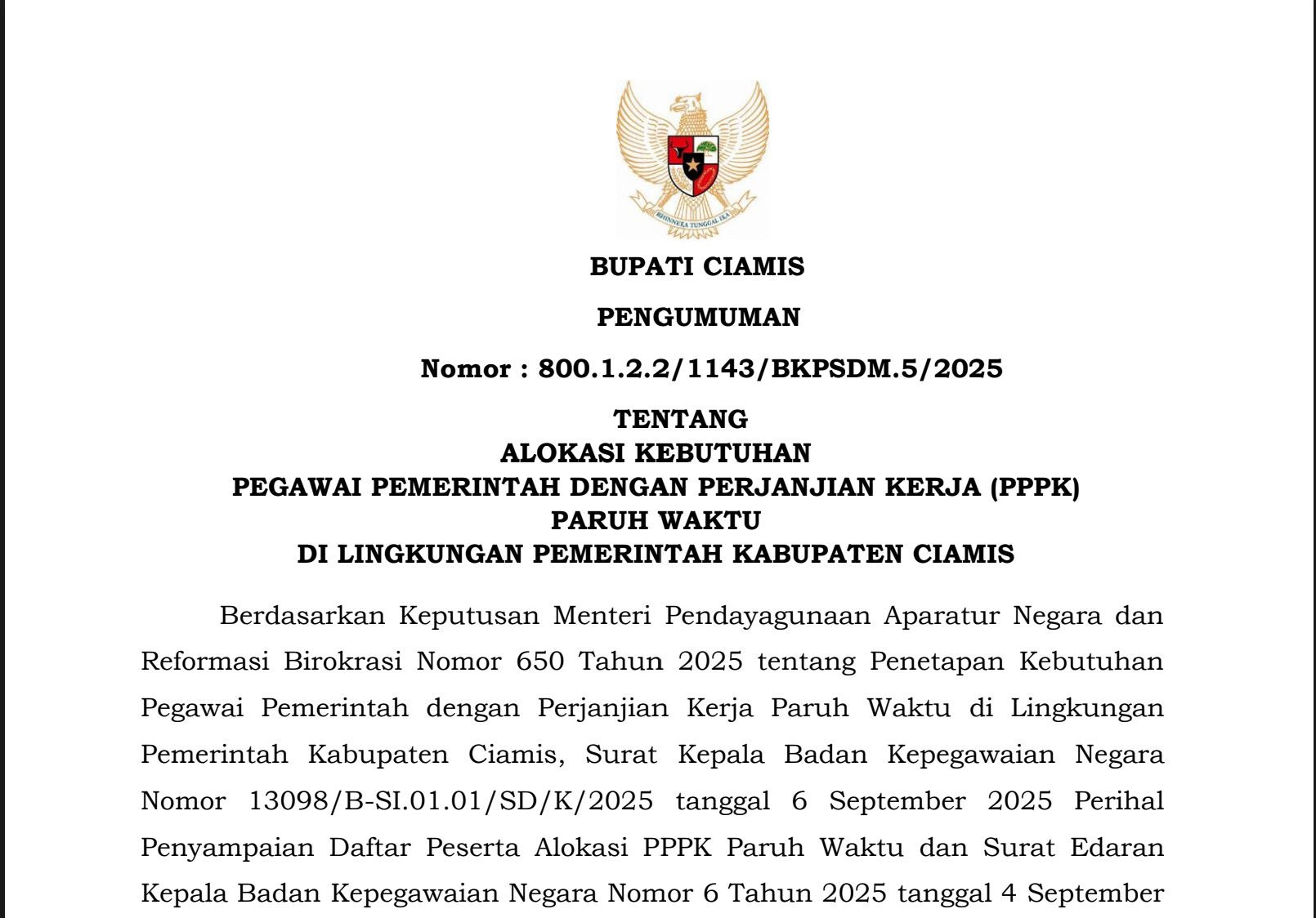Pengadaan PPPK Paruh Waktu Mulai di Umumkan di Ciamis